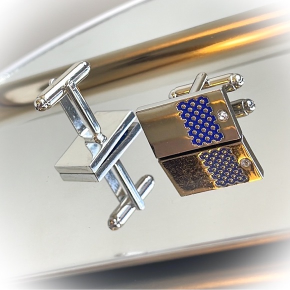 💕Mens Cufflinks Silver Tone with Blue Grid Pattern & Small CZ Stone💕 - Picture 1 of 8